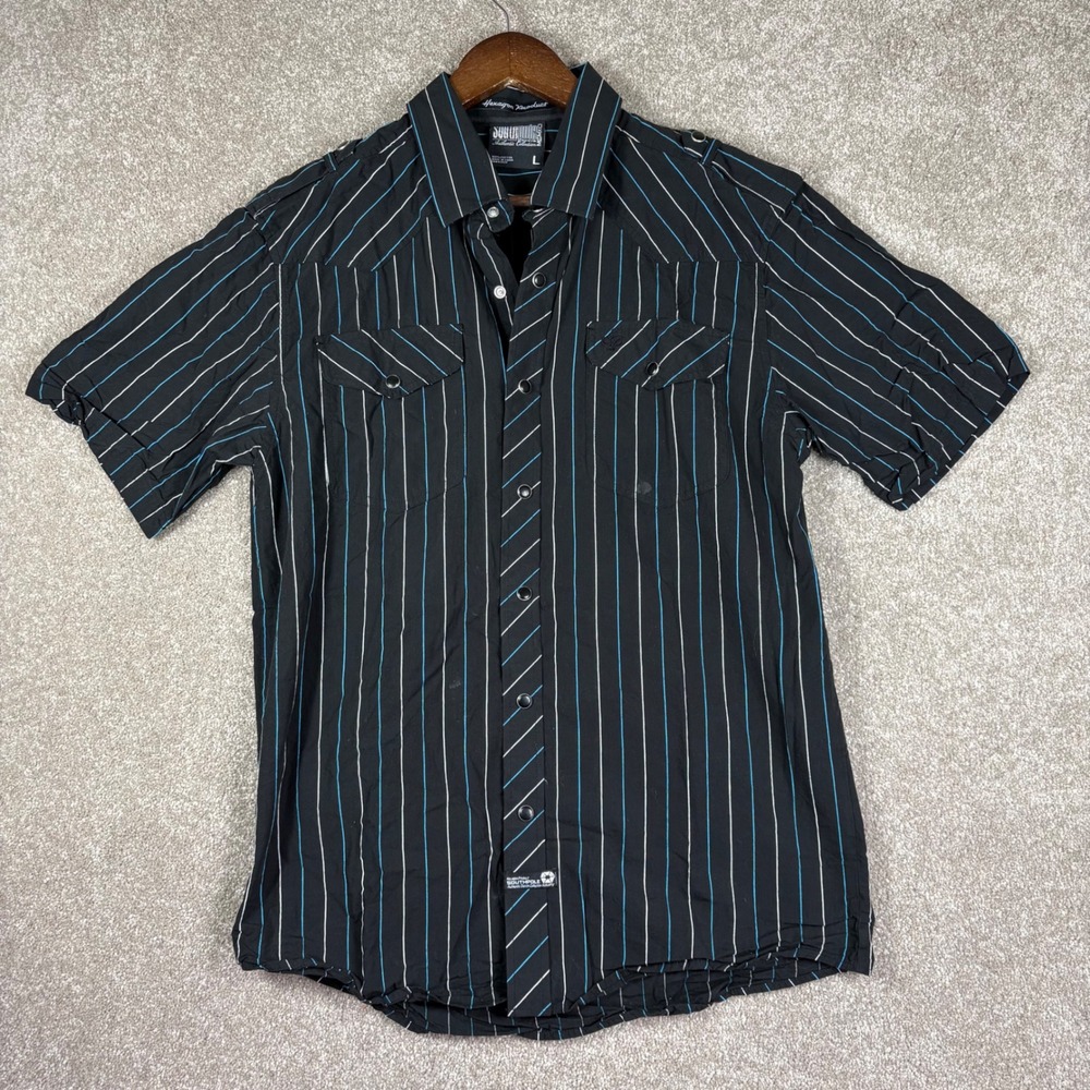 Southpole Mens Black Blue Pinstripe Snap Front Short Sleeve Shirt Large